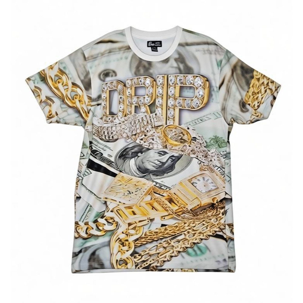 Diamond Drip Money Graphic Mens L T-Shirt‎ Over Print Ice Gold One Color Nation